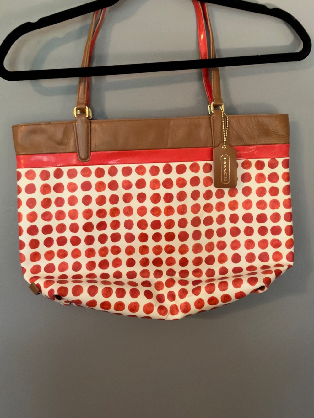 Coach Cream Tote with Coral Polka Dots and Tan Trim